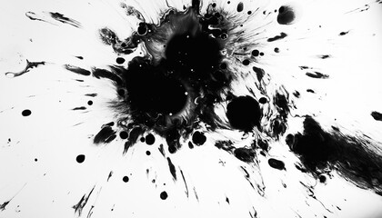 Grunge splash. Black ink. Dark fluid drops stain blotch spreading on white abstract background illustration with free space.