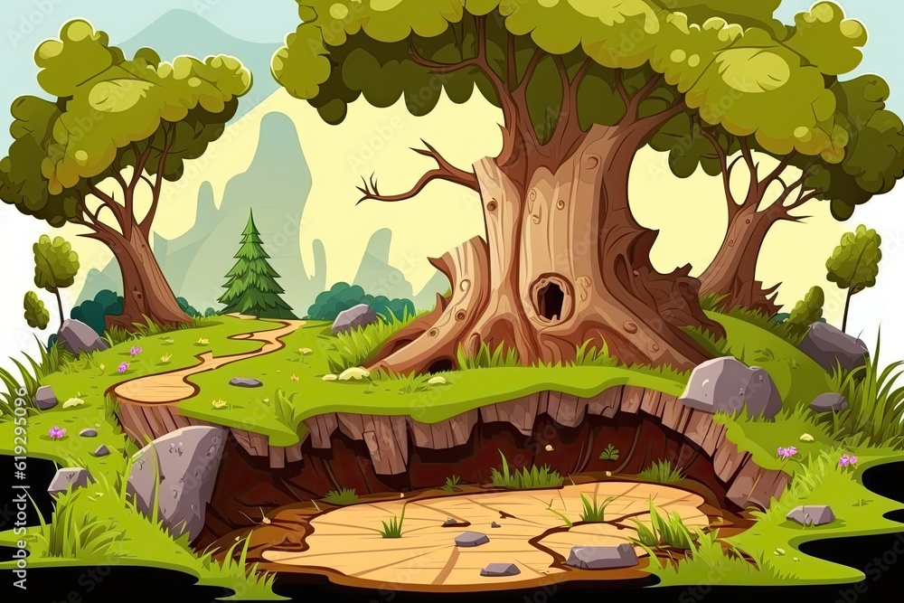 Poster tree stump with a hollow center and exposed roots in a forest setting. generative ai