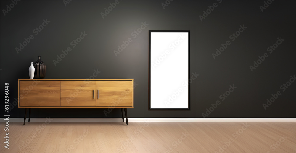 Poster creative interior concept. large blank empty minimal wall room with cabinet shelf sideboard and phot