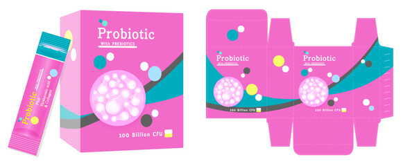 Packaging design, dietary supplement container, probiotic concept box template and mockup box, illustration vector.