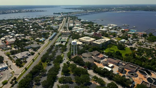 High aerial orbit Stuart water tower and historic downtown district
