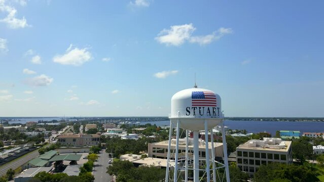 Stuart water tower pull out drone to reveal historic downtown