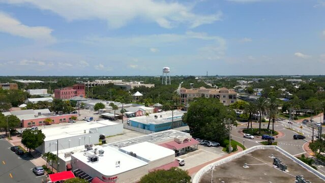 Aerial drone stock video Downtown Stuart Florida and water tower circa 2023