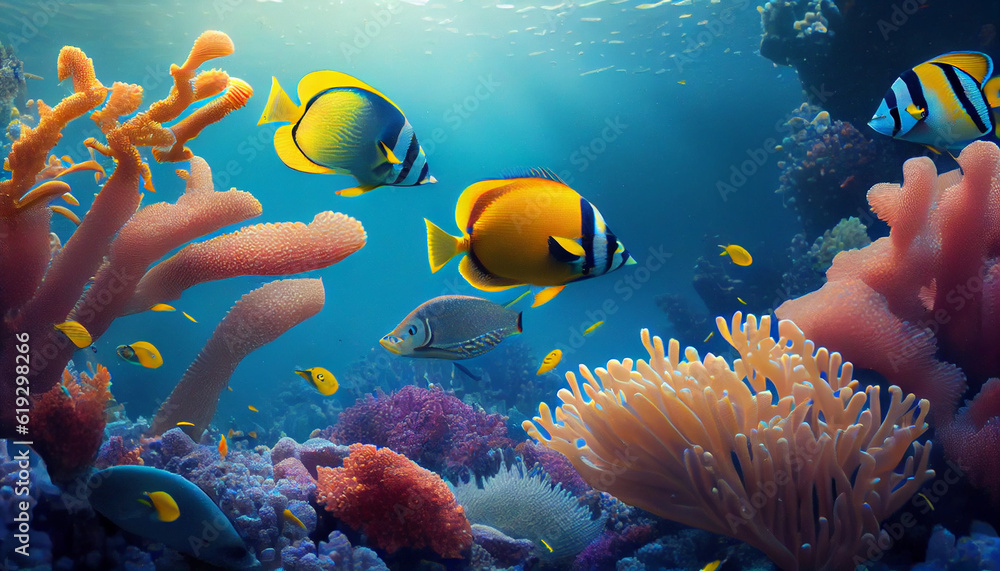 Wall mural Tropical sea underwater fishes on coral reef. Ai generated image - Wall murals