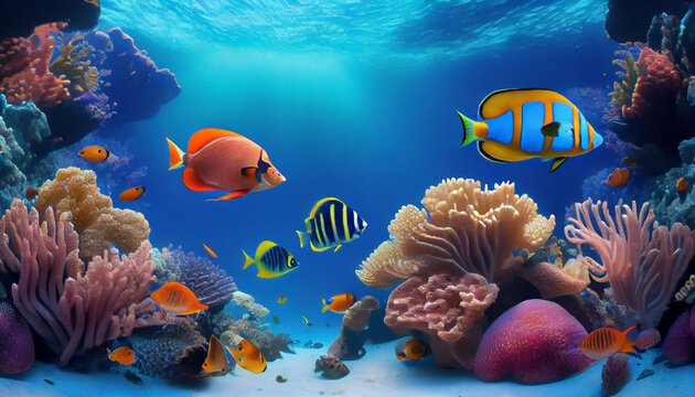 Tropical sea underwater fishes on coral reef. Ai generated image