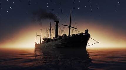 Ocean boat, fishing boat, night time, silhouette