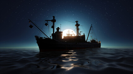 Fototapeta premium Ocean boat, fishing boat, night time, silhouette