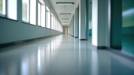 Fototapeta premium Very empty modern office corridor with bright white light and large windows, best for background concepts and ideas for business presentation background, wallpaper and backdrop 