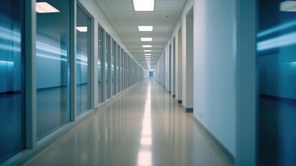 Long empty modern office corridor with bright white light and large windows, best for background concepts and ideas for business presentation background, wallpaper and backdrop 