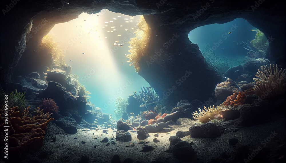 Wall mural Underwater cave with coral reefs deep on ocean Ai generated image