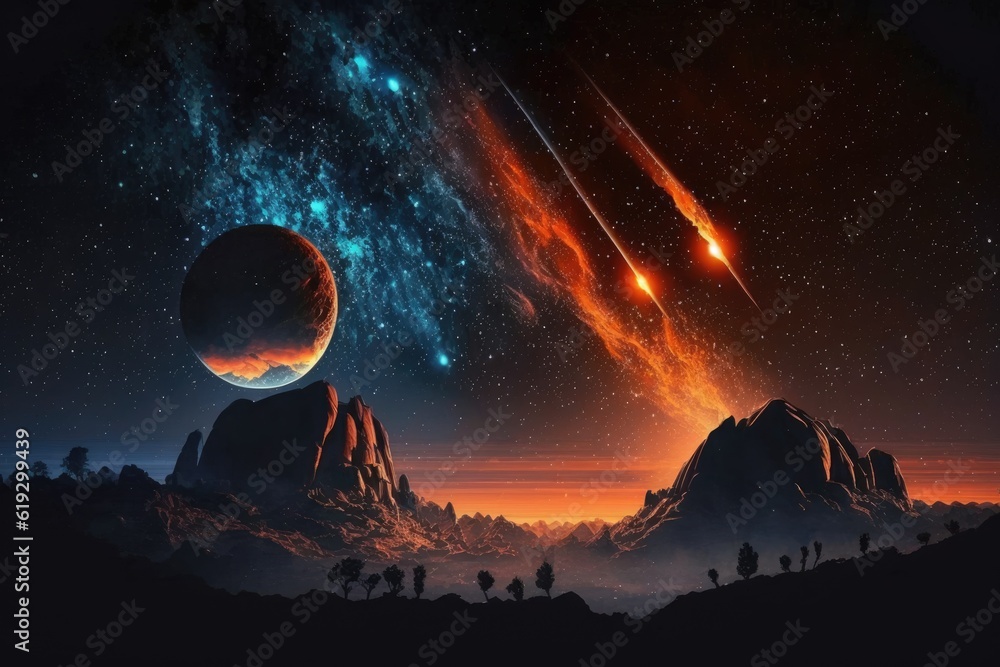 Wall mural vibrant space scene with multiple planets and shining stars. generative ai