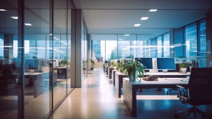 Nice modern office with beautiful long office corridor with and defocused room background concepts and ideas for business presentation background, wallpaper and backdrop ideas for corporate and commer - obrazy, fototapety, plakaty