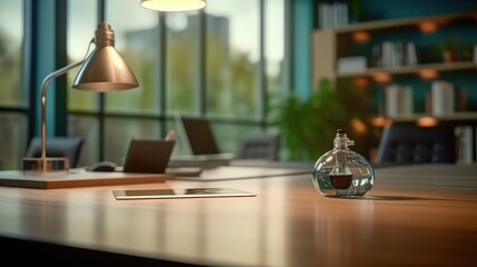 Midday Morning office interior table Abstract office interior office desk and working space. the best use for the background of presentation or backdrop in business ideas and concept