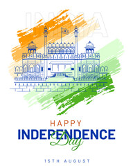 15th august indian independence day social media post design with red fort illustration, red fort outline drawing
