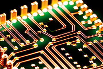 Close-up shot of an electronic circuit board with intricate patterns of copper traces, capacitors, resistors, and microchips