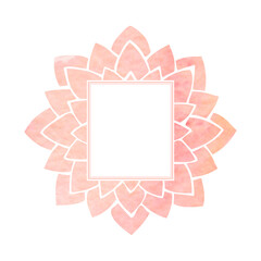 Frame with silhouette of pink watercolor stylized lotus flower, oriental floral mandala pattern