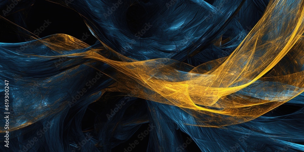 Poster the artistic abstract twisted and tangled imagination in the style of azure gold black plastic wrap.