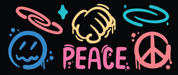 Set of graffiti spray paint vector. Brush paint ink drip collection of text, word, peace symbol, emoji, sparkle, hand. Neon spray design illustration for decoration, card, sticker, street art. © TWINS DESIGN STUDIO