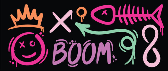 Set of graffiti spray paint vector. Brush paint ink drip collection of text, word, crown, doodle arrow, emoji, fishbone. Neon spray design illustration for decoration, card, sticker, street art. © TWINS DESIGN STUDIO