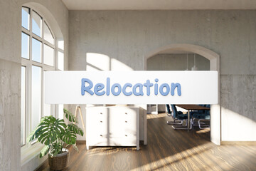 search box text floating in air in luxurious loft apartment with window and garden;relocation; minimalistic interior living room design; 3D Illustration