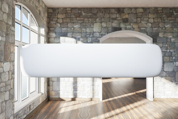 search box text floating in air standing in luxurious loft apartment with arched window and minimalistic interior living room design; 3D Illustration