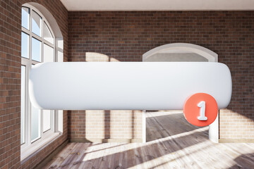 search box bell floating in air standing in luxurious loft apartment with arched window and minimalistic interior living room design; 3D Illustration