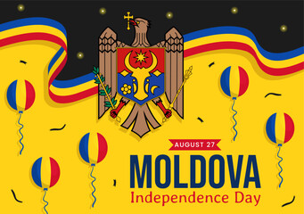 Moldova Independence Day Vector Illustration on August 27 with Waving Flag in National Holiday Flat Cartoon Hand Drawn Background Templates