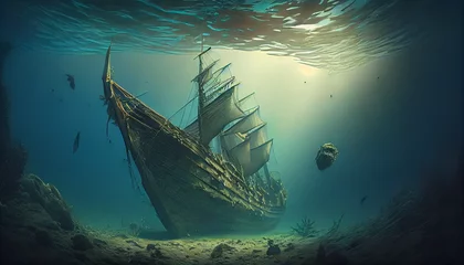 Foto op Plexiglas Underwater landscape with sunken sail ship. Ai generated image © TrendyImages