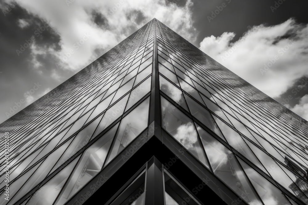 Poster monochrome skyscraper against a cloudy sky. generative ai
