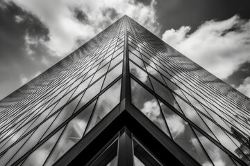 monochrome skyscraper against a cloudy sky. Generative AI