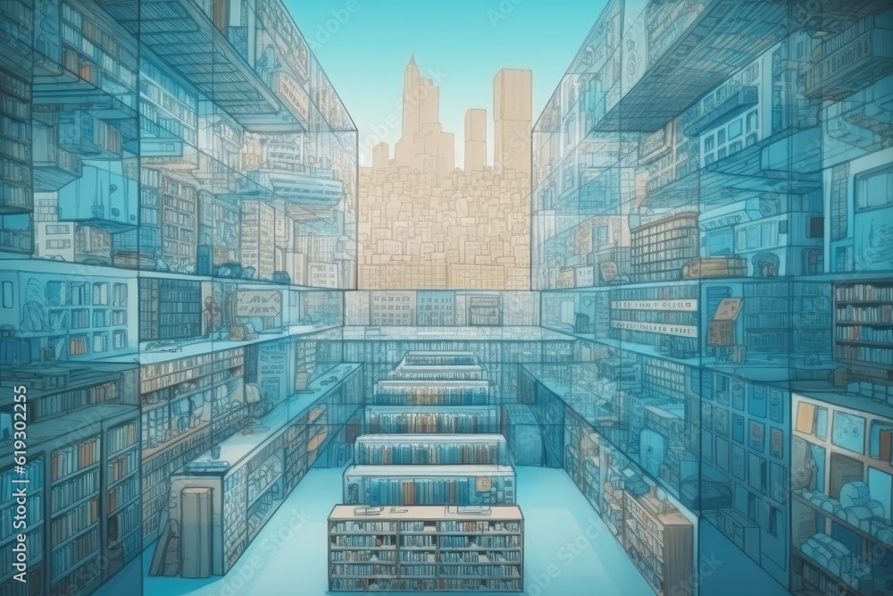 Poster library interior with rows of bookshelves and reading areas. generative ai