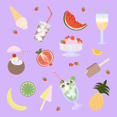     Set of refreshing drinks, fruits and ice cream. Vector illustration, flat style.