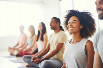 Group of mixed race smiling people practicing yoga in the gym - obrazy, fototapety, plakaty
