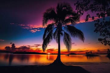 palm tree silhouette against a vibrant sunset. Generative AI