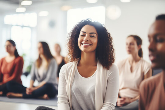 Group of mixed race smiling people practicing yoga in the gym close up
