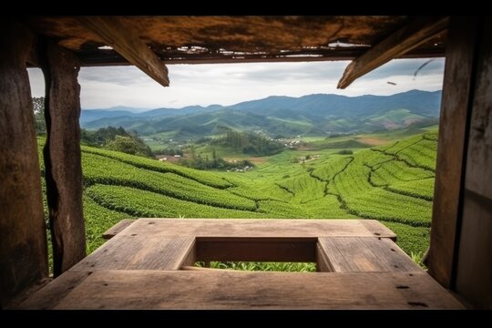 wooden table overlooking a lush green tea plantation
