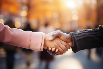  Partnership handshake close up outdoors