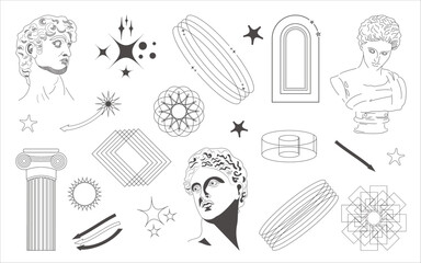 Geometric wireframe shapes and grids, sculpture and statue. Retro futuristic set. Abstract vector illustration.