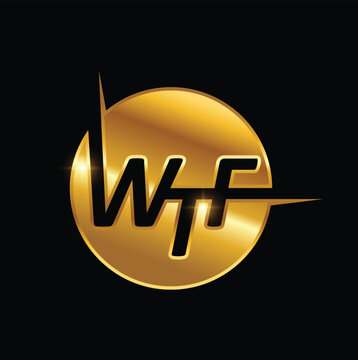 A vector illustration of golden wtf monogram logo initial letters in black background with gold shine effect
