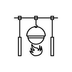 Campfire cooking pot or bonfire with the bowler in outline mode icon. Vector illustration in trendy style. Editable graphic resources for many purposes.