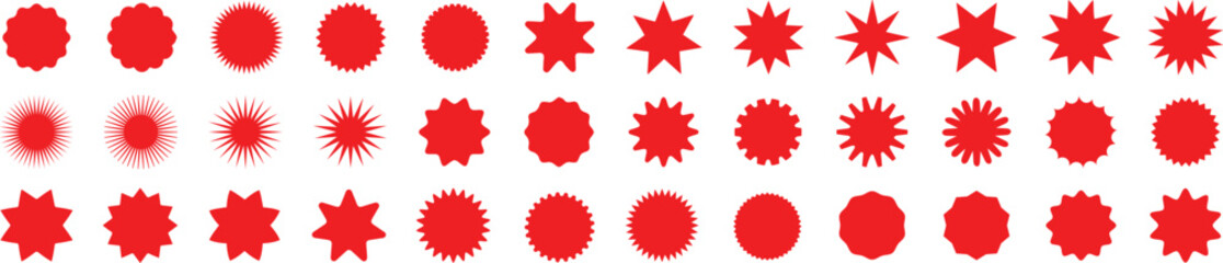 Set of red starburst. Price sticker, sale sticker, price tag, starburst, quality mark, retro stars, sale or discount sticker, sunburst badges, sun ray frames, promotional badge set, shopping labels - obrazy, fototapety, plakaty