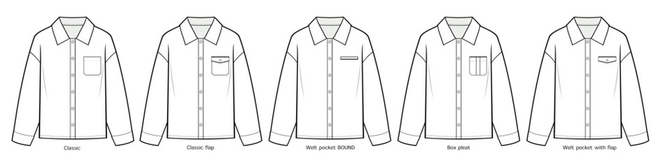 Unisex Button Down Shirts with different types of pocket fashion technical drawing templates. Long Sleeve, collection, Regular fit, front and back view, white color, women, men's. CAD mockup.