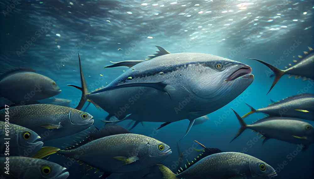 Wall mural Underwater tuna fishes in a wild environment Ai generated image - Wall murals