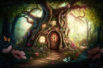Fototapeta premium whimsical fairy house nestled in a enchanting forest. Generative AI