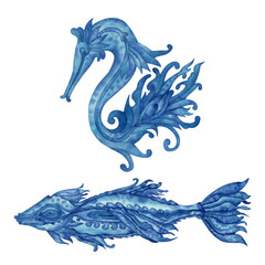 Watercolor illustration of abstract blue magic fish and sea horse for invitations, patterns, fabrics, wallpapers, stickers. Elements are isolated on a white background