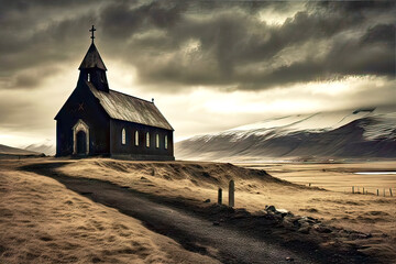 Small, simple Christian church in a grey, cold, dry landscape reminiscent of Iceland, made with generative ai