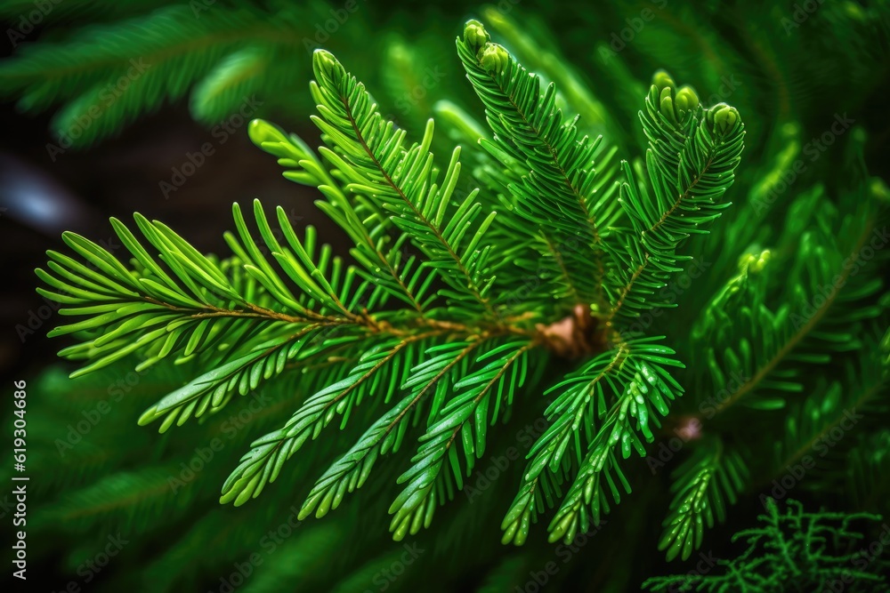 Poster close-up view of a pine tree branch with needles and cones. generative ai