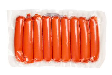 Packaging of sausages on a white background. Vacuum packaging of sausages.