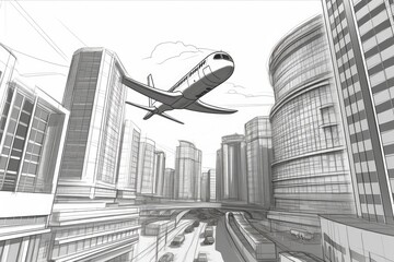passenger plane soaring over a bustling cityscape. Generative AI