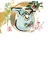 2024　年賀状　墨絵　水墨画　辰年　龍　たつ　タツ　竜　土鈴　テンプレート　イラスト素材